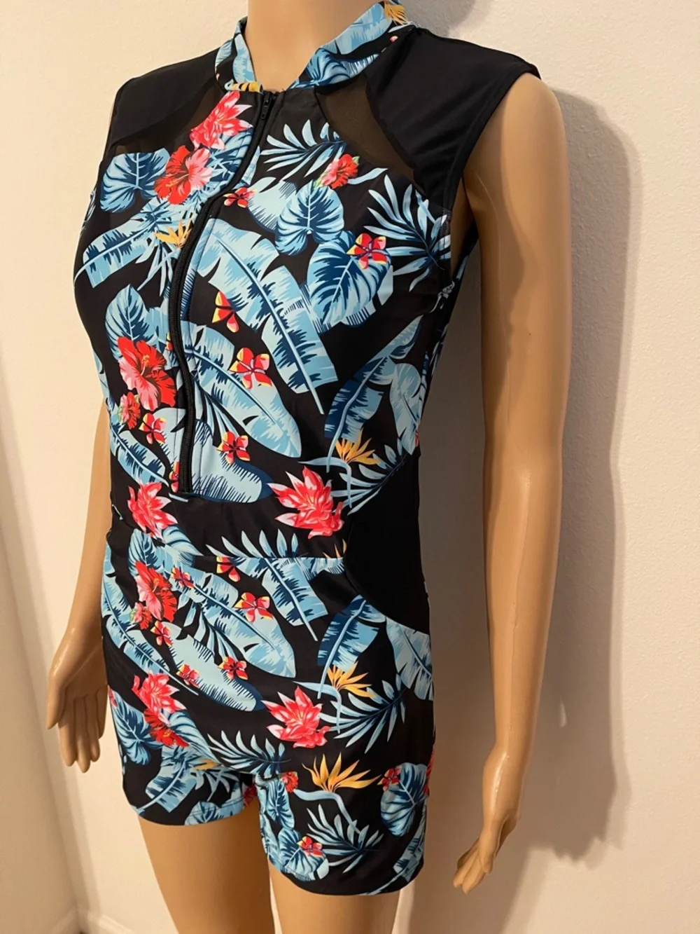NWOT Swim Unitard Black Tropical Floral with Zip Front